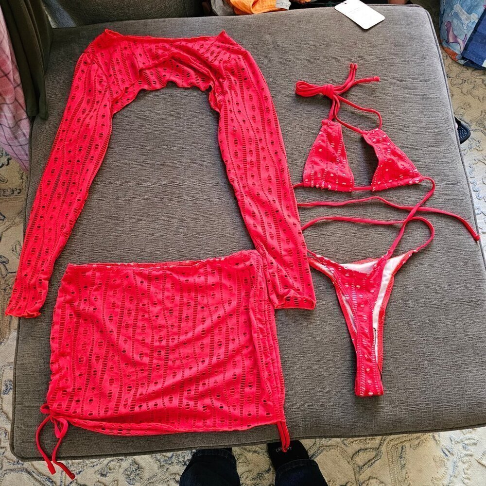 Red Sexy 4 Piece Triangle Bikini Top Thong Bottom Cover Up And Wrap Size Large - Picture 3 of 15